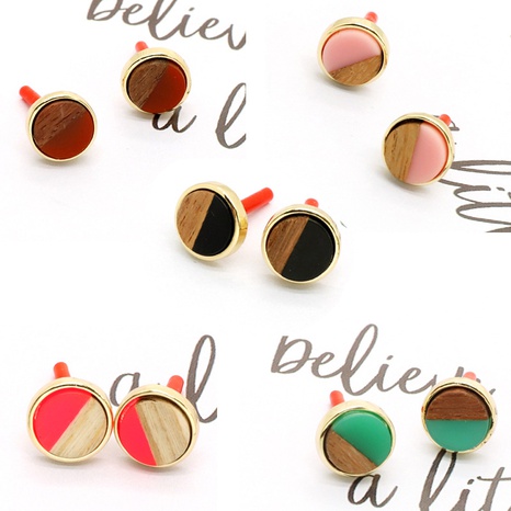 retro simple round resin wood earrings trend geometric contrast stitching earrings female's discount tags