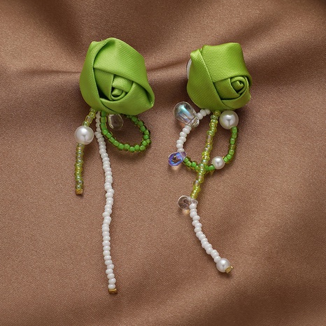 Boucles d'oreilles en tissu vert vintage fleur strass perle gland rose's discount tags