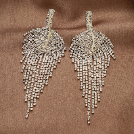 fashion rhinestone leaf tassel long European and American earrings's discount tags