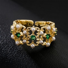 fashion real gold electroplated copper micro-inlaid zircon pearl luxury golden open ring
