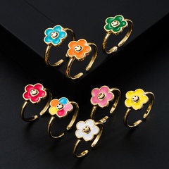 fashion new smiling face flower copper gilded dripping oil cute smiling face ring