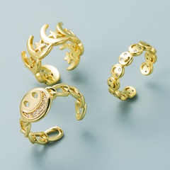 Anillo ajustable con apertura de anillo sonriente geométrico de estrella y luna con incrustaciones de circón chapado en oro y cobre a la moda