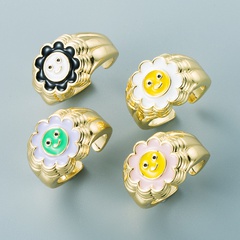 anillo de aceite de goteo de color chapado en oro de cobre de moda anillo abierto de forma sonriente de girasol