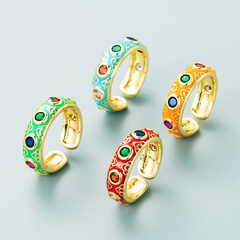 fashion copper plated 18K gold inlaid zircon drip oil ring enamel color craft colorful gem ethnic style ring