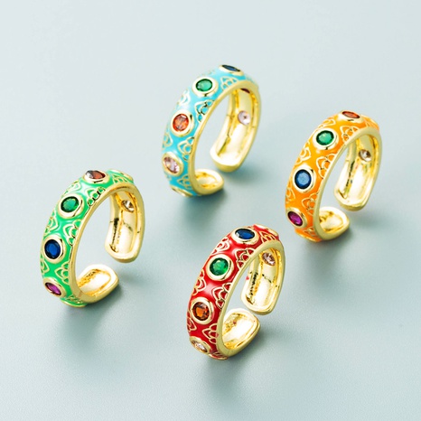 fashion copper plated 18K gold inlaid zircon drip oil ring enamel color craft colorful gem ethnic style ring's discount tags
