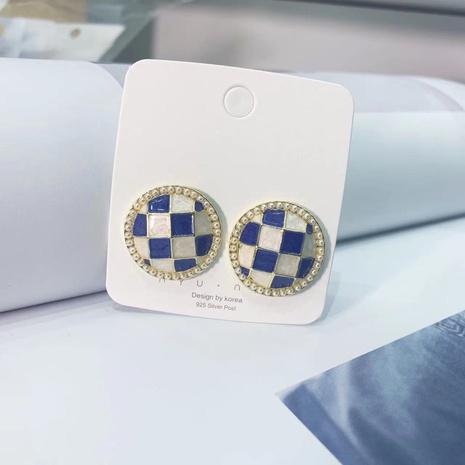 OL fashion style simple blue checkerboard round earrings's discount tags
