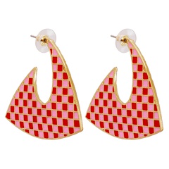 ins style personality fashion creative red lattice geometric dripping oil big earrings exaggerated earrings