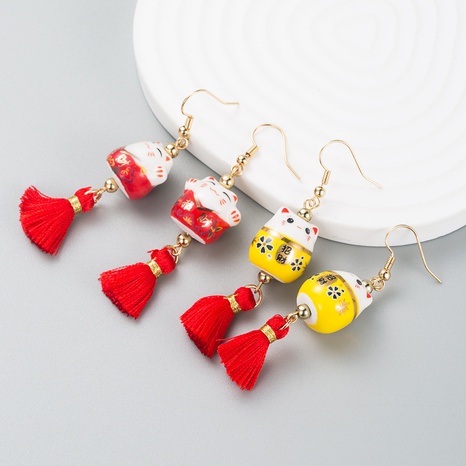 Chinese style fashion cute lucky cat alloy ceramic tassel earrings NHLN558796's discount tags