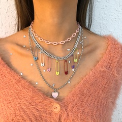 multi-layer chain color pin geometric dripping oil creative love necklace