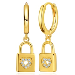 new 18K gold inlaid zircon earrings hollow heart-shaped design small lock copper ear buckle