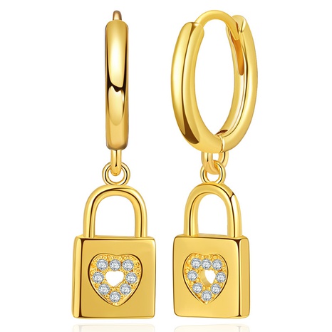 new 18K gold inlaid zircon earrings hollow heart-shaped design small lock copper ear buckle  NHBD559015's discount tags