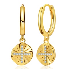 copper plated 18K gold small disc pendant earrings cross creative design sense micro-inlaid zircon earrings
