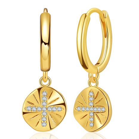 kupferplattierte 18 Karat Gold kleine scheibenförmige Anhänger Ohrringe Kreuz kreatives Design Sinn mikro-intarsierte Zirkon-Ohrringe's discount tags