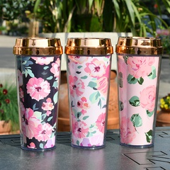 Double Layer Thickened Coffee Cup Card Flower Plastic Water Cup New Insulated Portable Water Cup