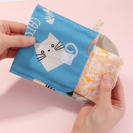 Single cotton linen portable cat printed sanitary napkin storage bag's discount tags