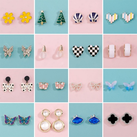 Fashion New Pearl Rhinestone Heart Shaped Plaid Butterfly Earrings NHHUQ621852's discount tags