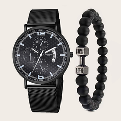 Men's Business Casual Calendar Trend Watch Black Beads Bracelet