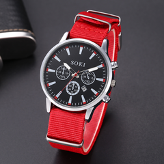 Fashion Men's Watch Round Hand Date Red Strap Quartz Watch