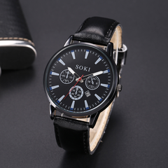 Luxury Men's Watch Round Black Dial Quartz Leather Watch