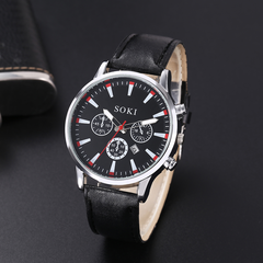 Luxury Men's Watch Round Silver Dial Quartz Leather Watch