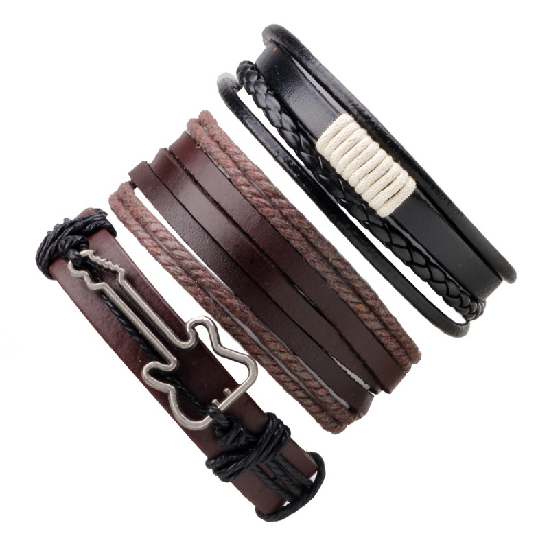 European and American jewelry leather cord woven alloy guitar bracelet threepiece set