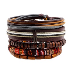 new wooden bead wax rope leather rope braided beaded bracelet five-piece set