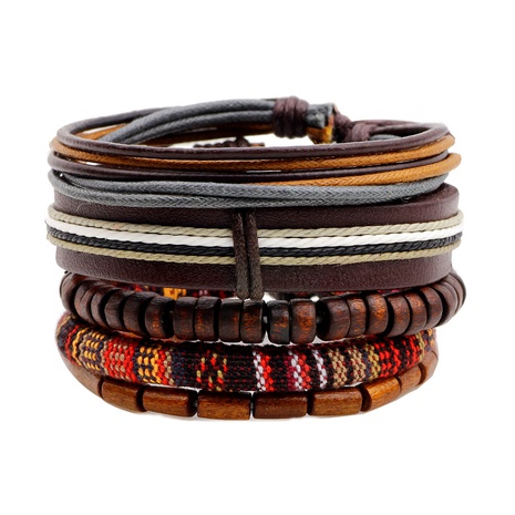 nouvelle perle en bois corde de cire corde de cuir bracelet de perles tressé ensemble de cinq pièces's discount tags