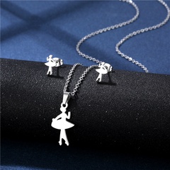 fashion simple stainless steel ballet girl pendant clavicle chain earring set