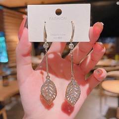 Korean zircon micro-inlaid leaf earrings female long alloy earrings