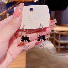 Korean version of black bow zircon copper earrings