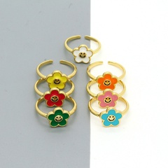 cute color dripping oil smiley face sunflower ring flower open ring female