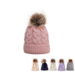fashion pure color simple knitted ha fur ball twist woolen children's hat