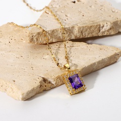 fashion 18K gold-plated stainless steel necklace square violet cubic zirconia pendant necklace