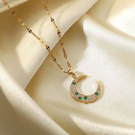 Fashion 18K gold-plated stainless steel jewelry moon inlaid green cubic zircon necklace NHJIE561033's discount tags