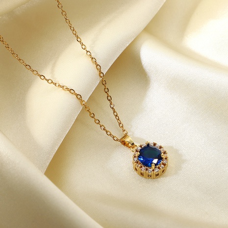 New Fashion 18K Gold Plated Stainless Steel Klein Blue Round Cubic Zircon Pendant Necklace  NHJIE561036's discount tags