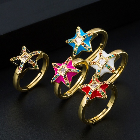 copper micro-inlaid color zircon drop oil five-pointed star opening ring wholesale  NHLN561071's discount tags