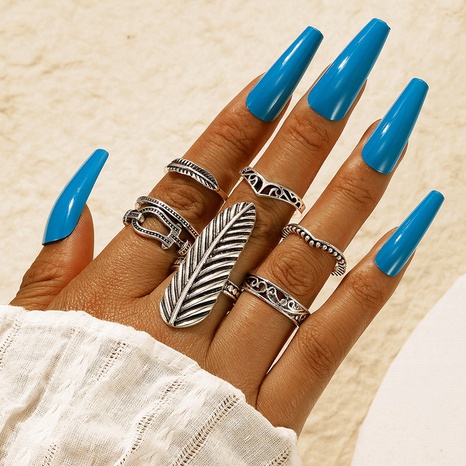 Personalized Jewelry Retro Feather Ring Set Geometric Hollow Ring Six-piece Set's discount tags