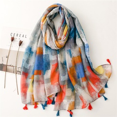 Balinese yarn cotton color contrast mosaic printing tassel scarf shawl