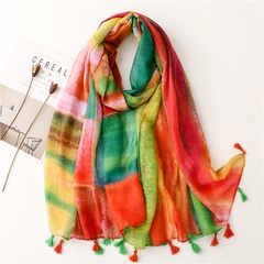 yarn cotton and linen scarf multi-color contrast rainbow printing fringed gauze scarf shawl