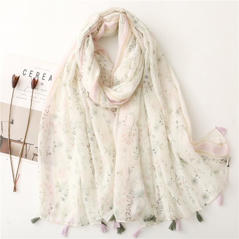 foulard en soie à franges et imprimé floral blanc en coton's discount tags