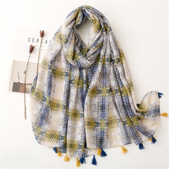 Bali yarn cotton yellow and blue contrast plaid printing fringed gauze scarf shawl