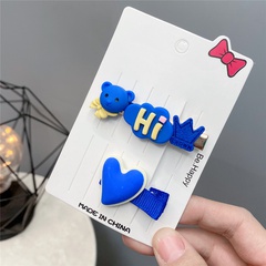 Cute Klein Blue Children's Hair Clips Heart-shaped Bear Little Flower Hairpin Duckbill Clip One Pair Set