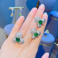 fashion full diamond simulation emerald red corundum flower copper earring ring