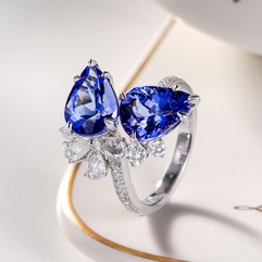 Nouveau double diamant tanzanite goutte bleue en forme de poire simulation bague ouverte en cuivre saphir