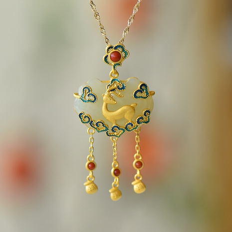 fashion inlaid imitation natural Hetian jade enamel lock pendant necklace's discount tags
