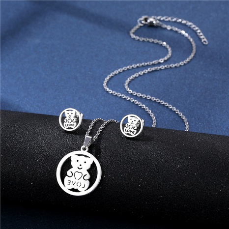 Simple Geometric Round Hollow Love Bear Stainless Steel Necklace Earrings Set's discount tags