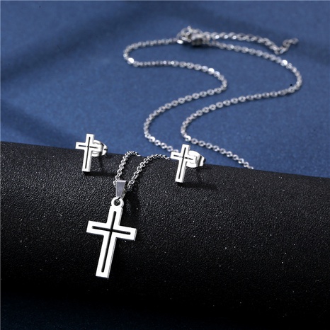 Simple fashion Titanium steel hollow cross earrings necklace set's discount tags