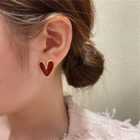 new red oil dripping metal heart stud earrings Korean earrings NHENY564275's discount tags
