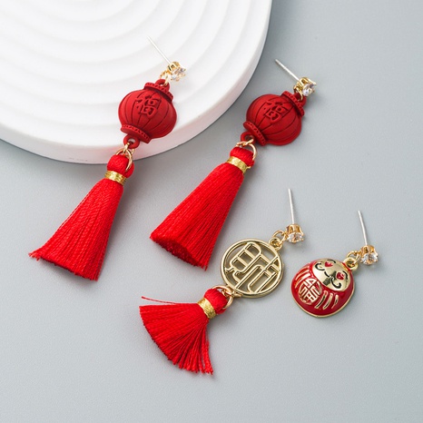 Chinese red alloy diamond long tassel earrings simple festive drop earring NHLN564367's discount tags