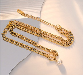 OT buckle letter MORE artificial pearl chain chain titanium steel plated 18K gold necklacepicture7
